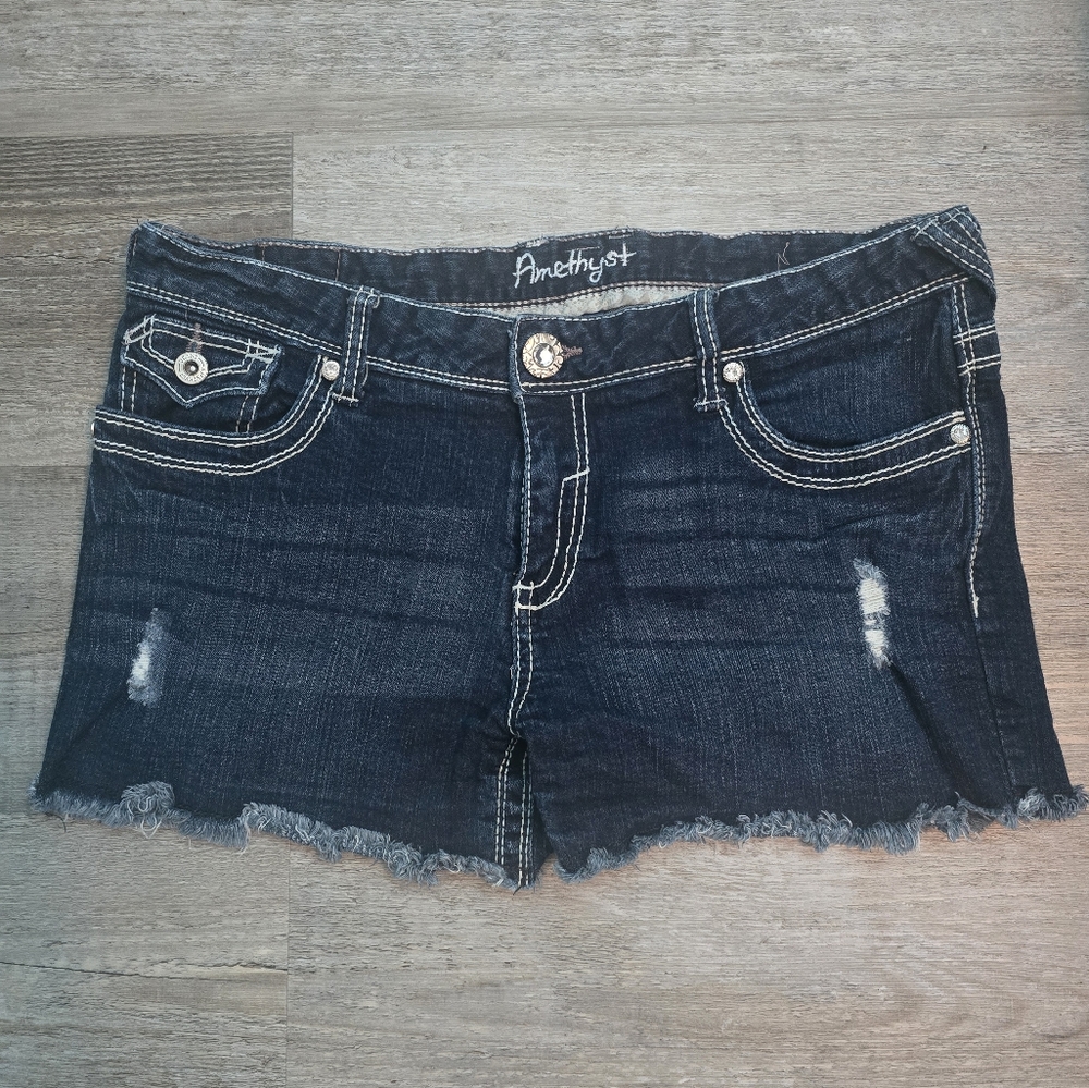 Amethyst Jeans Dark Blue Frayed Denim Shorts